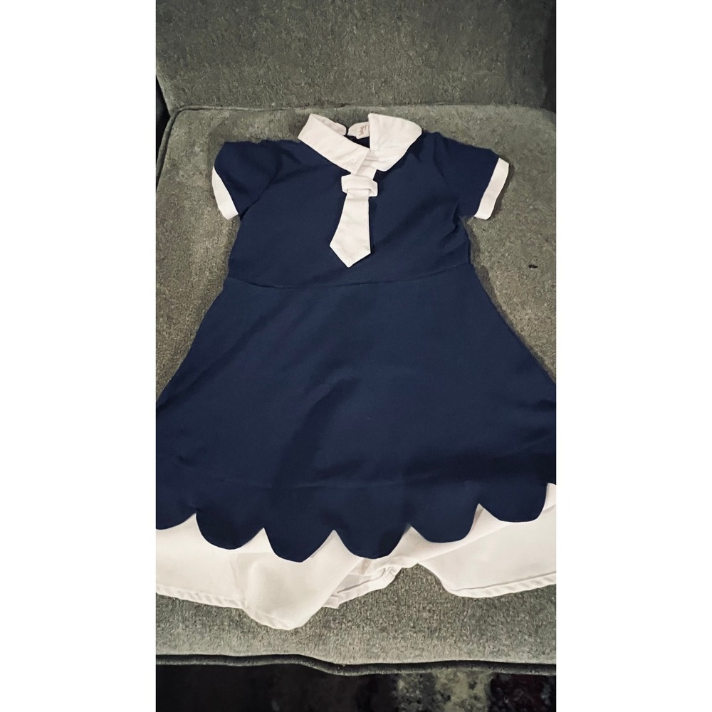 Sunny Fashion Sailor Dress Kids Size 6 Navy Blue Scalloped Hem Tie Detail